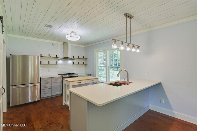 873 SCR 142, Morton, MS 39117 - kitchen with freestanding refrigerator, wall chimney exhaust hood, open shelves, wood ceiling, and a peninsula