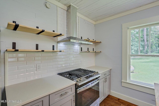 873 SCR 142, Morton, MS 39117 - kitchen with stainless steel gas range, open shelves, wall chimney exhaust hood, wood ceiling, and decorative backsplash