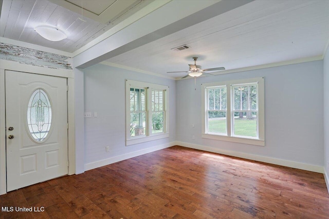 873 SCR 142, Morton, MS 39117 - foyer featuring crown molding, dark wood-style floors, a ceiling fan, and wood ceiling