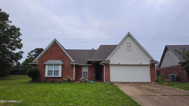 view of front facade featuring a front lawn, brick siding, a garage, central air condition unit, and driveway