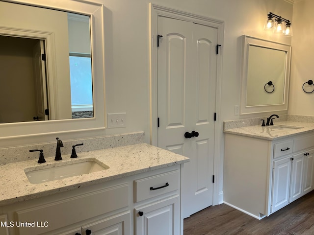 bathroom with vanity and wood-type flooring