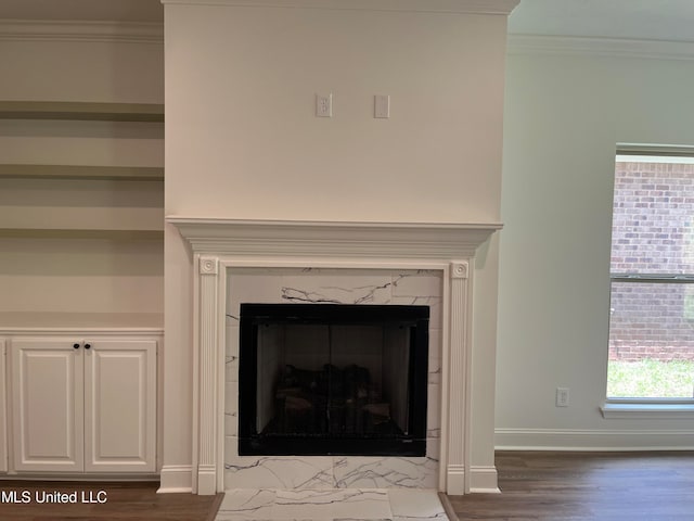 interior details featuring a premium fireplace, crown molding, and hardwood / wood-style floors