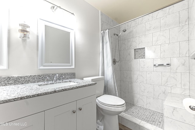 bathroom featuring vanity, toilet, and curtained shower