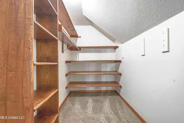 walk in closet with carpet and lofted ceiling