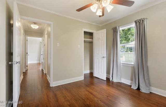 4466 Beatline Rd, Long Beach, MS 39560 - unfurnished bedroom featuring a ceiling fan, dark wood finished floors, baseboards, a closet, and ornamental molding