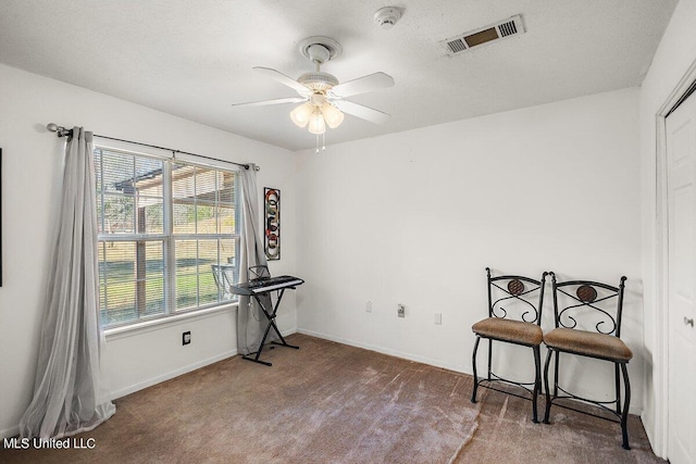 misc room with a textured ceiling, carpet flooring, and ceiling fan