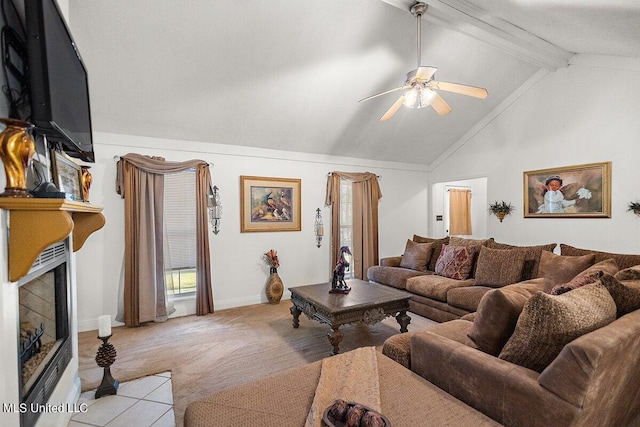 carpeted living room with vaulted ceiling with beams and ceiling fan