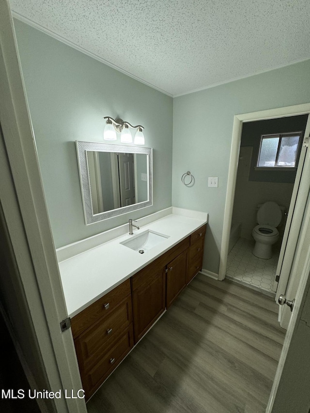 bathroom featuring vanity, a textured ceiling, wood-type flooring, and toilet