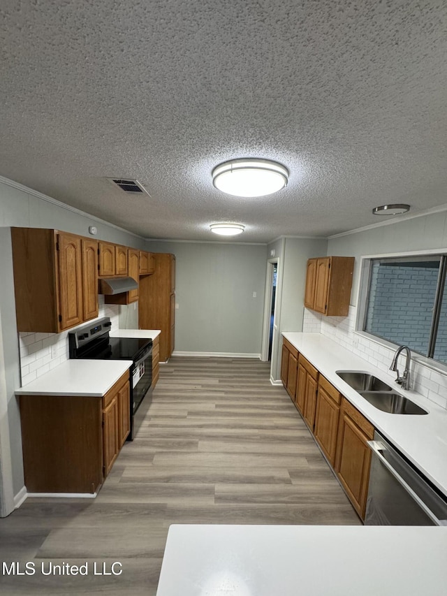 kitchen featuring sink, decorative backsplash, light hardwood / wood-style flooring, and appliances with stainless steel finishes