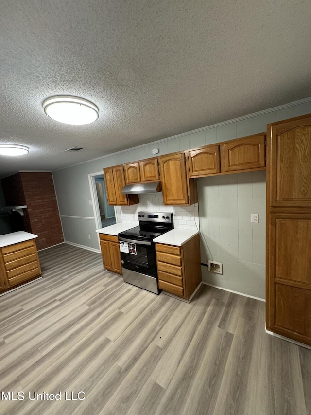 kitchen featuring tasteful backsplash, light wood-type flooring, a textured ceiling, and stainless steel electric range oven