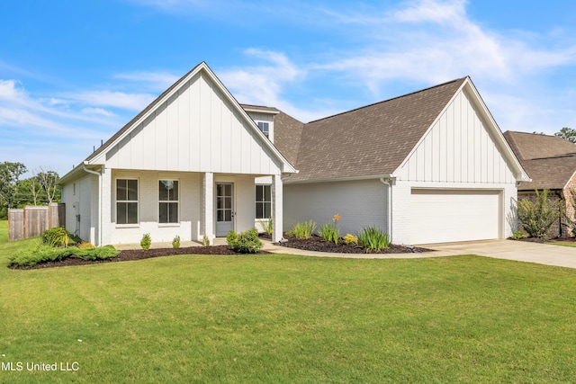 202 Crestwood Pl, Madison, MS 39110 - modern farmhouse with concrete driveway, a front yard, board and batten siding, a shingled roof, and brick siding