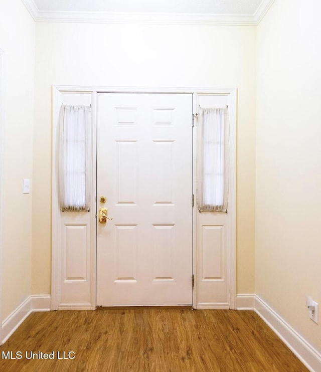 foyer with ornamental molding and wood-type flooring