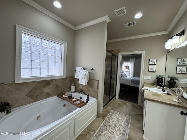 bathroom with vanity, plenty of natural light, and crown molding