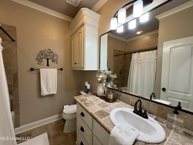 bathroom with walk in shower, tile patterned floors, toilet, ornamental molding, and vanity