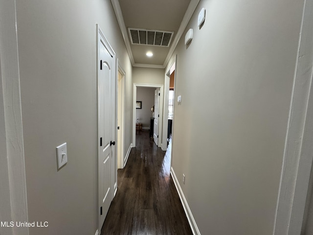 hall with crown molding and dark hardwood / wood-style flooring