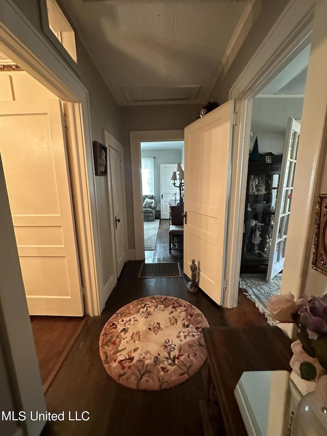 209 S Jackson St, Crystal Springs, MS 39059 - corridor with dark wood-style flooring and attic access