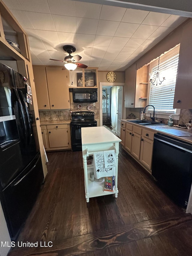 kitchen featuring black appliances, sink, dark hardwood / wood-style flooring, ceiling fan, and decorative backsplash