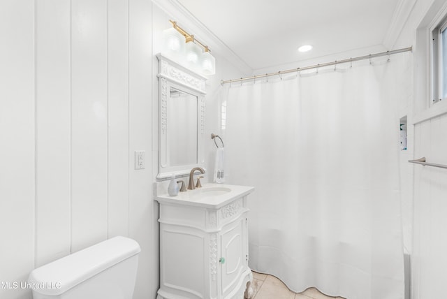 bathroom with tile patterned flooring, ornamental molding, toilet, vanity, and a shower with shower curtain