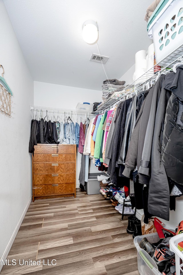 walk in closet with light wood-type flooring