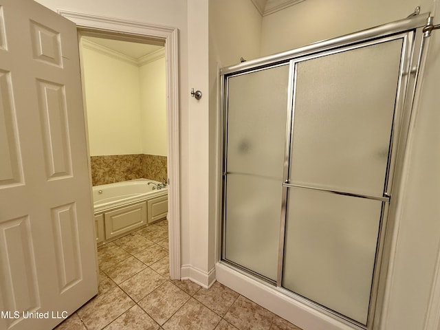 302 Bedford Ct, Brandon, MS 39047 - full bathroom featuring tile patterned floors, a shower with door, a garden tub, crown molding, and baseboards