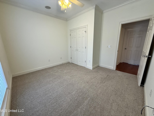 302 Bedford Ct, Brandon, MS 39047 - unfurnished bedroom featuring ornamental molding, carpet, baseboards, a closet, and a ceiling fan