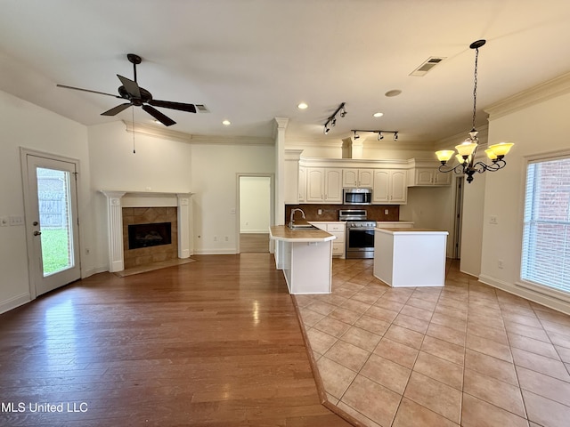 302 Bedford Ct, Brandon, MS 39047 - kitchen featuring appliances with stainless steel finishes, open floor plan, ceiling fan, a sink, and ornamental molding