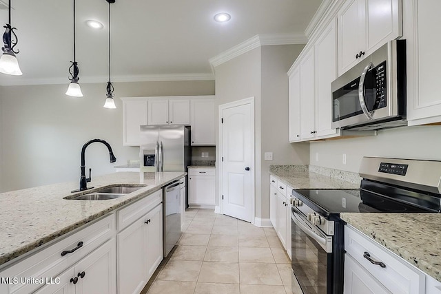 kitchen featuring white cabinetry, sink, hanging light fixtures, and appliances with stainless steel finishes