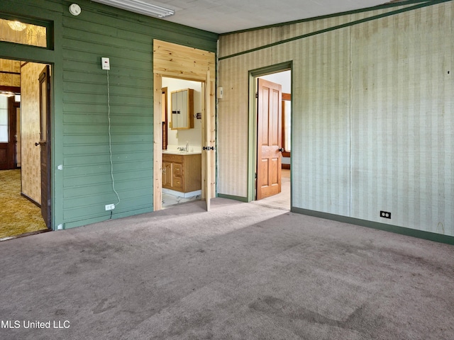 carpeted empty room featuring baseboards, a sink, and wooden walls