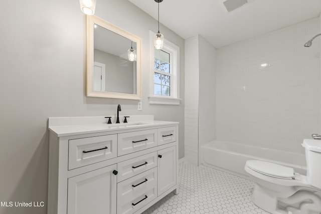 full bathroom featuring toilet, shower / tub combination, visible vents, and vanity