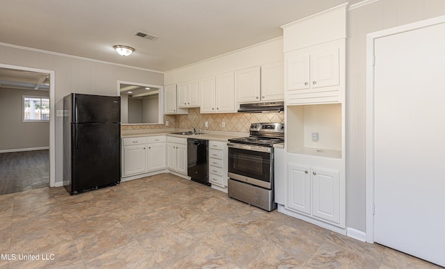 kitchen with backsplash, crown molding, sink, black appliances, and white cabinets