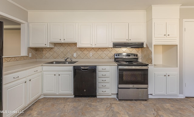 kitchen with tasteful backsplash, white cabinetry, stainless steel range with electric stovetop, and black dishwasher