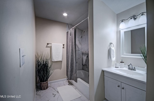 bathroom with shower / bath combination with curtain and vanity