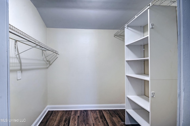 walk in closet with dark wood-type flooring