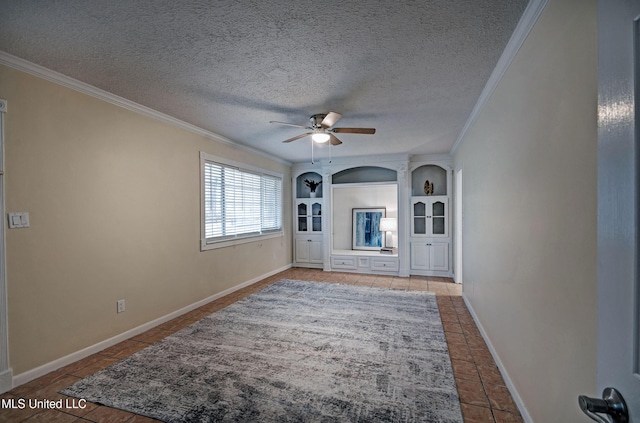 unfurnished living room featuring crown molding, built in features, ceiling fan, a textured ceiling, and light tile patterned flooring