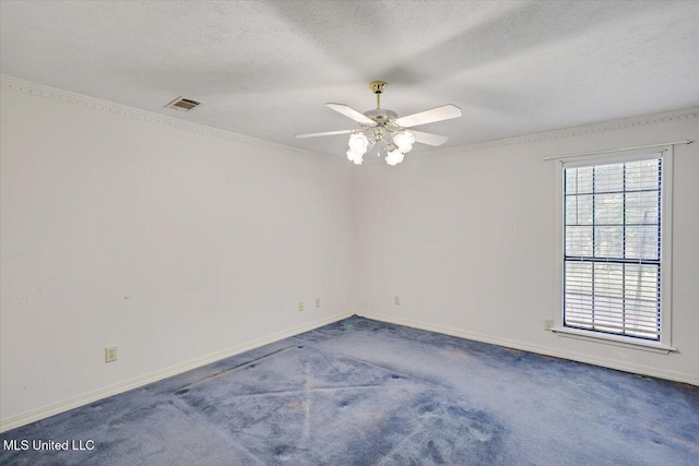 634 Twin Harbor Pl, Madison, MS 39110 - carpeted spare room featuring ceiling fan, a textured ceiling, baseboards, and crown molding