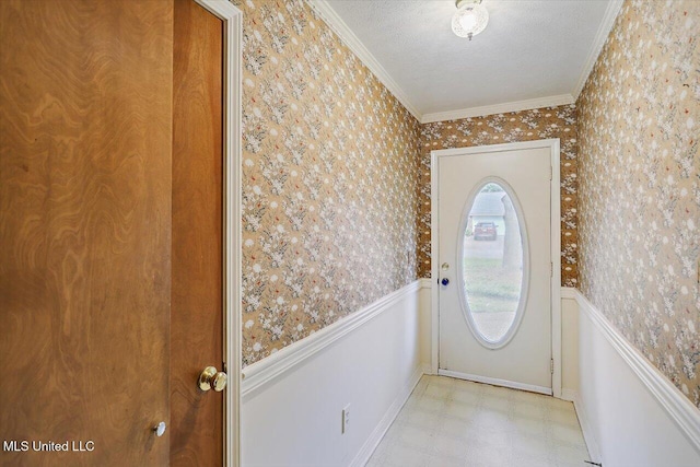 634 Twin Harbor Pl, Madison, MS 39110 - doorway featuring light flooring, wainscoting, ornamental molding, wallpapered walls, and a textured ceiling