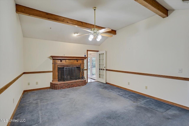 634 Twin Harbor Pl, Madison, MS 39110 - unfurnished living room featuring a brick fireplace, ceiling fan, baseboards, and carpet flooring