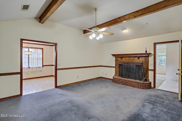 634 Twin Harbor Pl, Madison, MS 39110 - unfurnished living room featuring carpet floors, a fireplace, ceiling fan, baseboards, and a chandelier