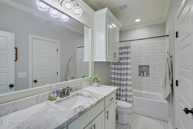 full bathroom featuring crown molding, shower / tub combo, vanity, tile patterned floors, and toilet