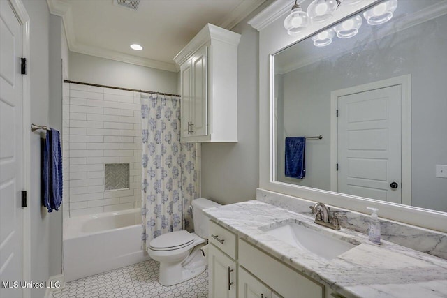 full bathroom featuring ornamental molding, tile patterned flooring, vanity, and shower / bath combo