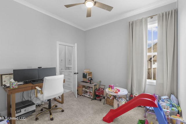 office space with ceiling fan, crown molding, and carpet