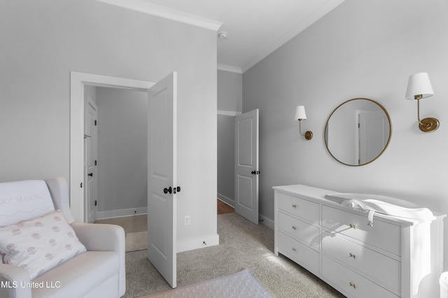 living area featuring light colored carpet and ornamental molding