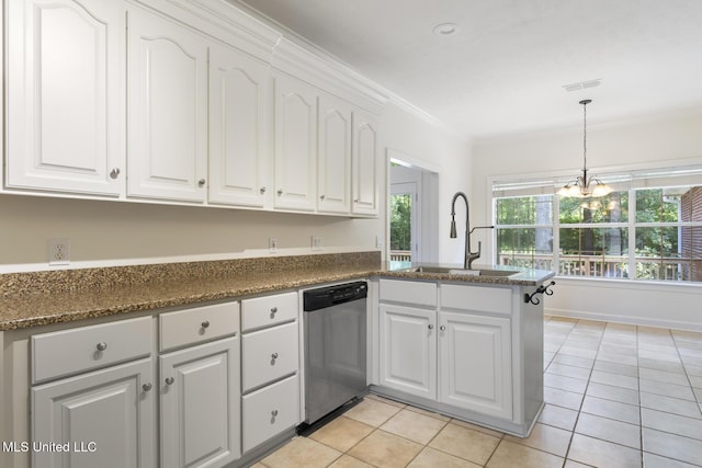 52 Eastgate Dr, Brandon, MS 39042 - kitchen featuring dishwasher, a peninsula, crown molding, white cabinetry, and light tile patterned flooring
