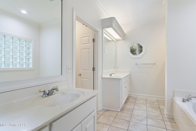 52 Eastgate Dr, Brandon, MS 39042 - bathroom with crown molding, two vanities, a garden tub, and tile patterned flooring
