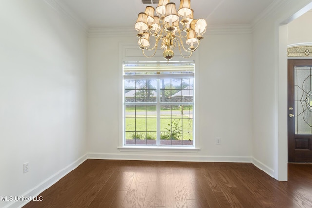 52 Eastgate Dr, Brandon, MS 39042 - unfurnished dining area featuring a chandelier, dark wood-type flooring, and crown molding