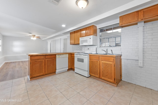 kitchen with kitchen peninsula, ceiling fan, light tile patterned floors, sink, and white appliances