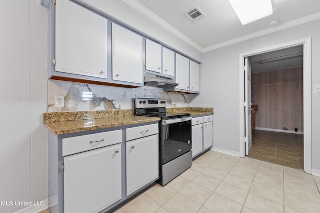 kitchen featuring stainless steel range with electric stovetop, crown molding, white cabinets, and dark stone countertops