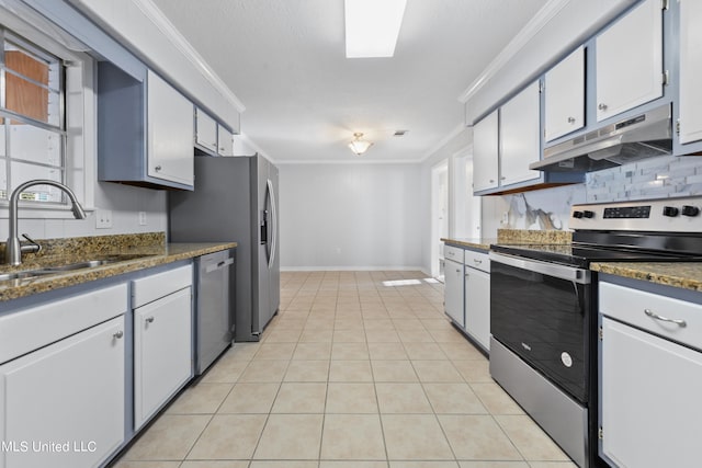 kitchen featuring crown molding, stainless steel appliances, sink, and white cabinets