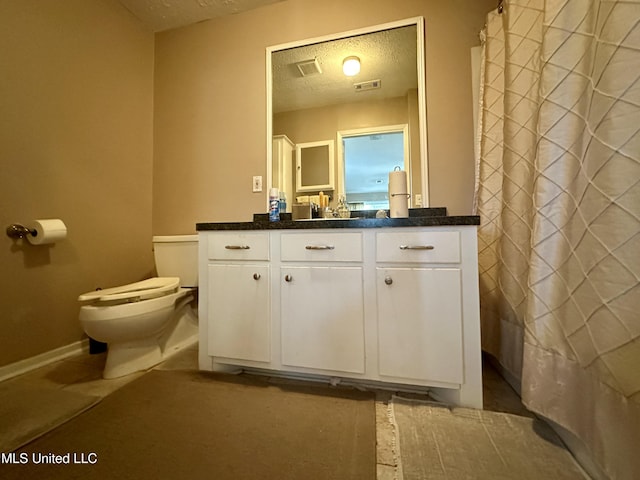 bathroom featuring toilet, vanity, and a textured ceiling