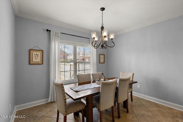 dining space with crown molding, light tile patterned flooring, baseboards, and a chandelier